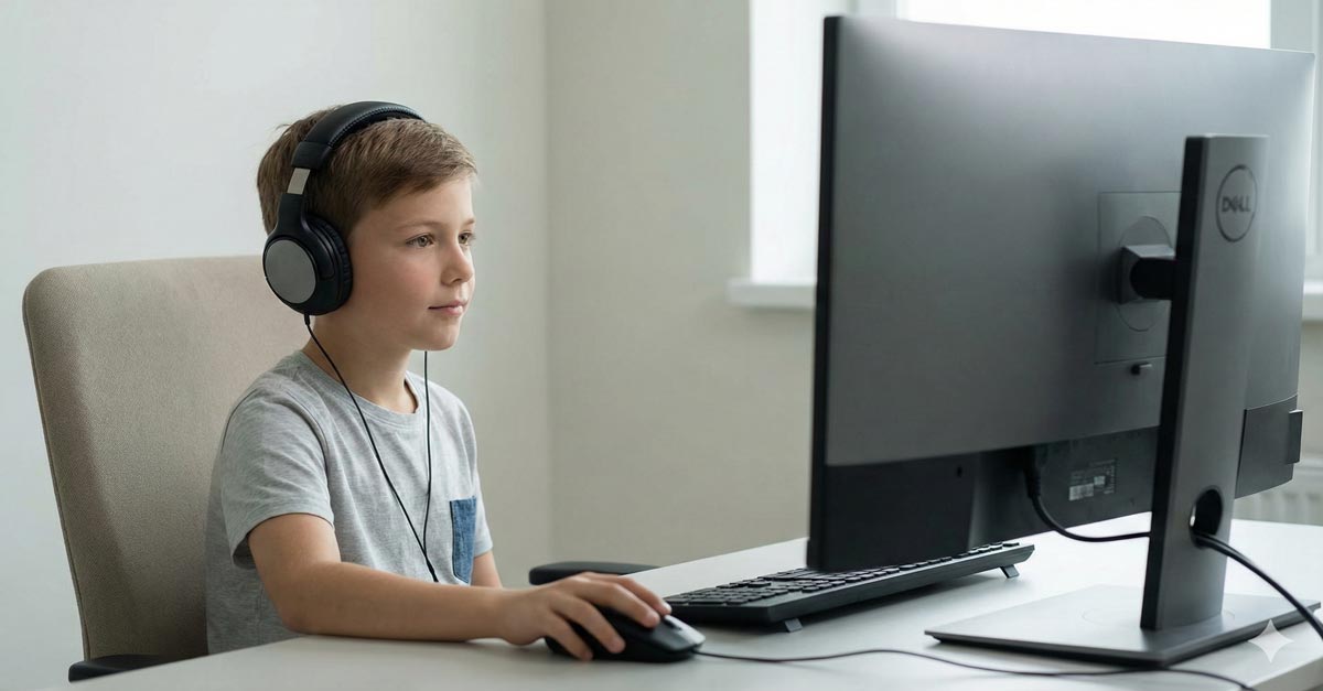 Bilgisayarda MOXO Dikkat Testi Çözen Çocuk